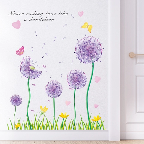 Lila Löwenzahn Wandaufkleber PVC Schmetterling Herz DIY Wandtattoo Für Wohnzimmer Schlafzimmer Home Decor Wandbild