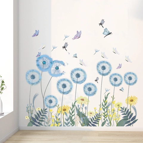 Blue Dandelion Butterfly Flower Wall Stickers DIY PVC Self Adhesive Wall Decals For Living Room Bedroom Home Decoration