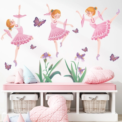 Cartoon Ballerina Mädchen Wandtattoo Rosa Tanzkleid Lila Schmetterling Floral Wasserdicht PVC DIY Kinderzimmer Wandaufkleber