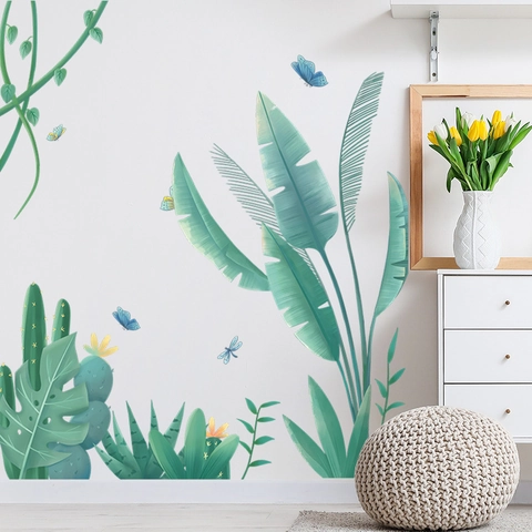 Tropical Plant Green Leaves Wall Stickers Waterproof PVC Removable Banana Leaf Monstera Cactus Butterfly DIY Wall Decals Home Decor