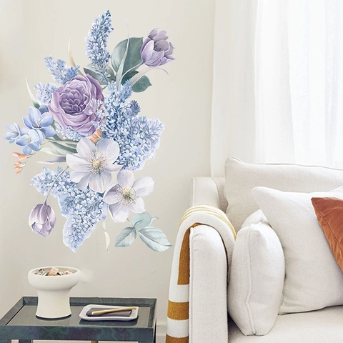 Romantic Purple Watercolor Flower Wall Sticker Elegant Rose Tulip Floral PVC Self-Adhesive Decal For Bedroom Living Room Decor
