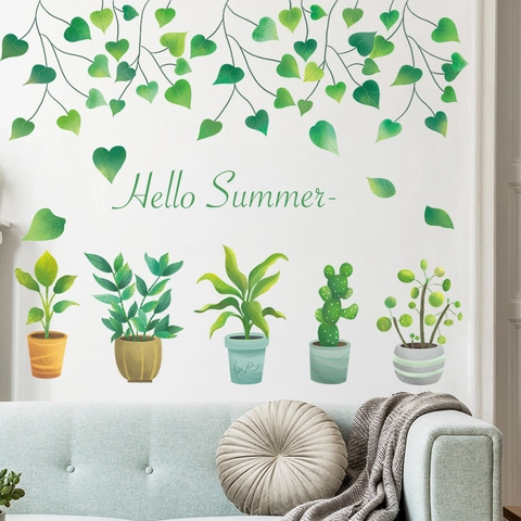Hello Summer Grüne Pflanzen Topfpflanzen Sukkulenten Blätter Wandsticker Abnehmbare PVC Wandtattoo Für Wohnzimmer Schlafzimmer Zuhause Deko
