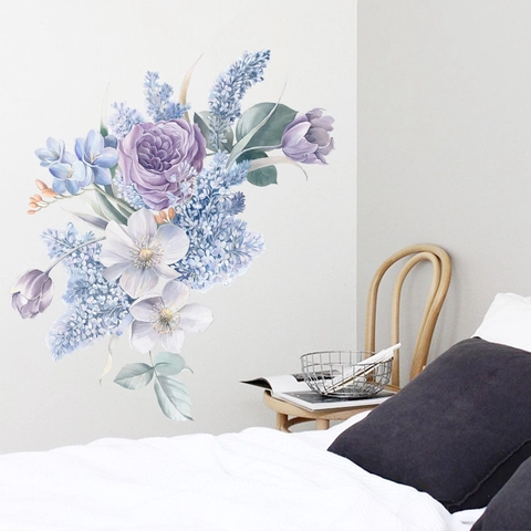 Romantic Purple Watercolor Flower Wall Sticker Elegant Rose Tulip Floral PVC Self-Adhesive Decal For Bedroom Living Room Decor
