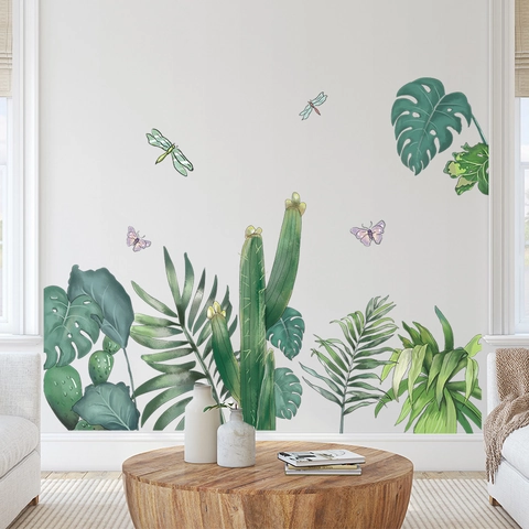 Tropical Green Leaves Wall Sticker Waterproof PVC Plant Monstera Palm Leaf Wall Decals For Living Room Bedroom Decor