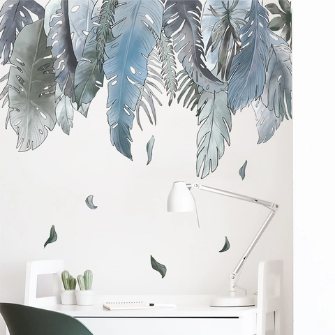Watercolor Tropical Monstera Palm Leaf Wall Stickers Nordic Morandi Green Leaves Self Adhesive Waterproof PVC Wall Decal For Living Room Bedroom Home Decor