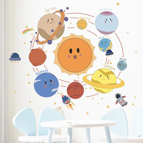 Adesivo da Parete Cartone Animato Sistema Solare per Cameretta Bambini Astronauta Pianeta Razzo Spazio Galassia DIY PVC Adesivo LD96066
