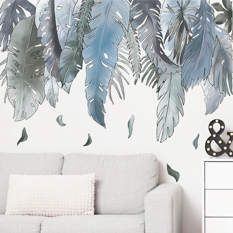 Watercolor Tropical Monstera Palm Leaf Wall Stickers Nordic Morandi Green Leaves Self Adhesive Waterproof PVC Wall Decal For Living Room Bedroom Home Decor