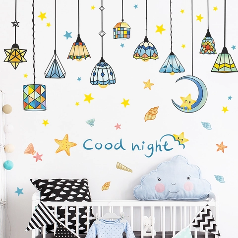 Cartoon Bunter Kronleuchter Sterne Mond Gute Nacht Wandsticker Für Kinderzimmer Schlafzimmer DIY Heimdeko PVC Wasserdicht Wandaufkleber