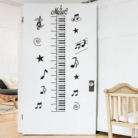 Musiknote Höhenmessung Wandtattoo Klaviertastatur Lineal PVC Schwarz Abnehmbar Wandsticker Für Kinderzimmer Deko