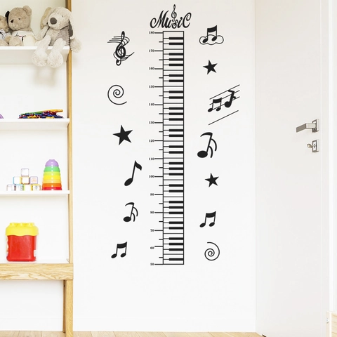 Musiknote Höhenmessung Wandtattoo Klaviertastatur Lineal PVC Schwarz Abnehmbar Wandsticker Für Kinderzimmer Deko