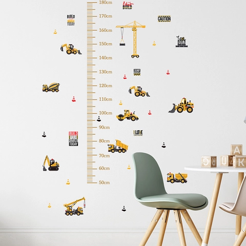 Construction Truck Height Growth Chart Wall Sticker Removable PVC Cartoon Excavator Crane Decal For Kids Boys Bedroom Decor