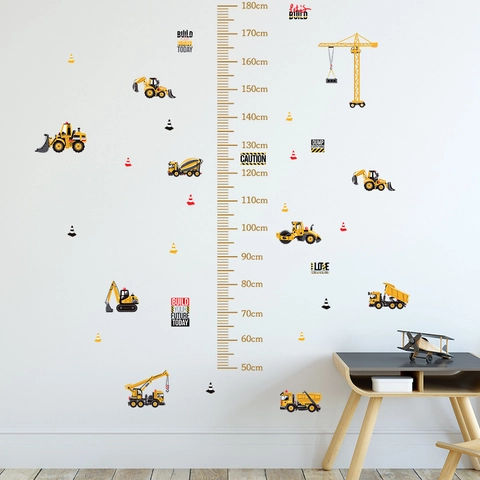 Construction Truck Height Growth Chart Wall Sticker Removable PVC Cartoon Excavator Crane Decal For Kids Boys Bedroom Decor