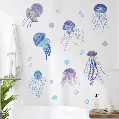 Aquarel Kwal Muurstickers Onderwaterwereld Bellen PVC Waterdicht Zelfklevend Voor Kinderkamer Decoratie