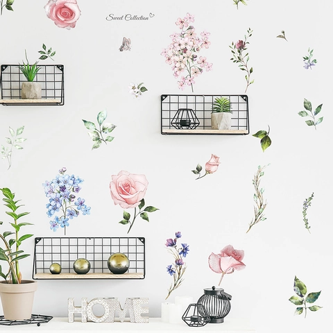 Pegatinas De Pared Flores Rosas Acuarela PVC Autoadhesivo Floral Hoja Calcomanías Para Dormitorio Sala De Estar Decoraciones Hogar