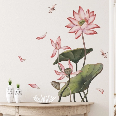 Lotus Dragonfly Wall Stickers Chinese Ink Wash Style PVC Waterproof Removable Decals For Living Room Bedroom Home Decor