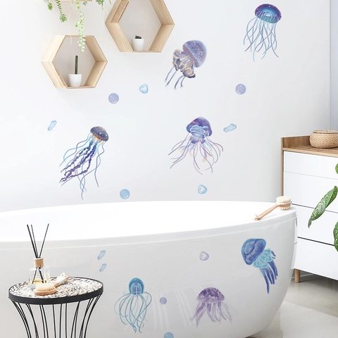 Aquarel Kwal Muurstickers Onderwaterwereld Bellen PVC Waterdicht Zelfklevend Voor Kinderkamer Decoratie