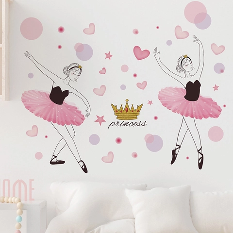 Ballerina Girl Wall Stickers PVC Cartoon Heart Crown Princess Decor For Kids Girls Bedroom Nursery Room Home Wall Art