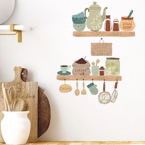 Hand Drawn Kitchen Utensils Wall Sticker PVC Self Adhesive Coffee Theme Wall Decal For Kitchen Dining Room Home Decor