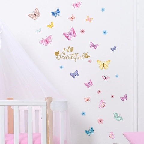 Beautiful Vlinder Bloem Muursticker Kleurrijk PVC Zelfklevend Verwijderbare Sticker Voor Kinderkamer Slaapkamer Decor