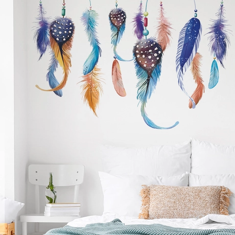 Pegatinas De Pared De Plumas De Colores De Ensueño Para Dormitorio Sala De Estar Estilo Atrapasueños PVC Removible DIY Impermeable Arte Mural Decoración Hogar