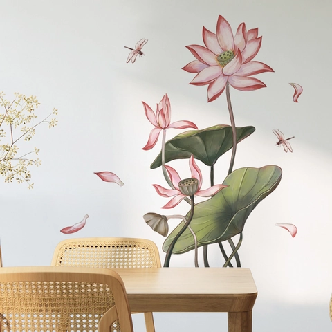 Lotus Dragonfly Wall Stickers Chinese Ink Wash Style PVC Waterproof Removable Decals For Living Room Bedroom Home Decor