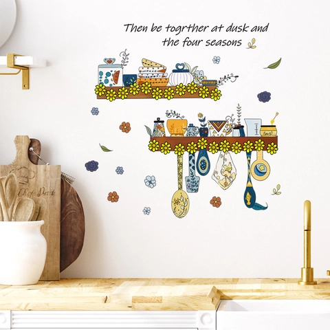 Kitchen Theme Hand Drawn Shelves Pots Floral Wall Sticker Removable PVC Decorative Mural For Dining Room Home Wall Decor