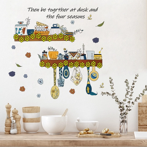 Kitchen Theme Hand Drawn Shelves Pots Floral Wall Sticker Removable PVC Decorative Mural For Dining Room Home Wall Decor
