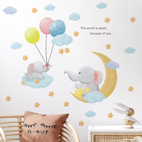 Cartoon Elephant Wall Stickers PVC Removable Cloud Balloon Star Wall Decal For Kids Room Nursery Bedroom Home Decor