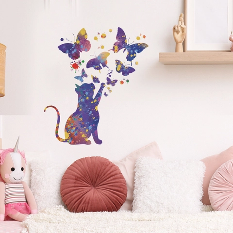 Colorful Watercolor Galaxy Cat And Butterflies Wall Sticker For Kids Room Bedroom DIY PVC Waterproof Self-Adhesive Home Decoration
