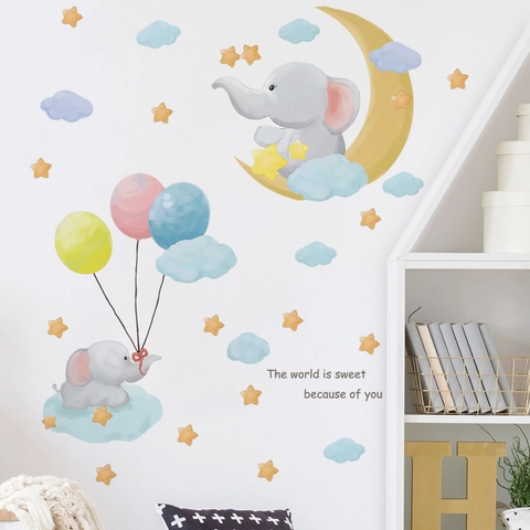 Cartoon Elephant Wall Stickers PVC Removable Cloud Balloon Star Wall Decal For Kids Room Nursery Bedroom Home Decor
