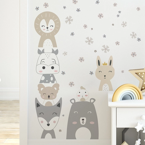 Stickers Muraux Animaux Dessin Animé Nordique PVC Imperméables Amovibles Décalcomanie Chambre Bébé Lion Ours Lapin Décoration Maison