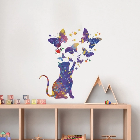 Colorful Watercolor Galaxy Cat And Butterflies Wall Sticker For Kids Room Bedroom DIY PVC Waterproof Self-Adhesive Home Decoration