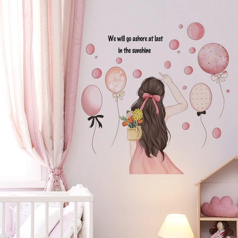 Girl Silhouette With Pink Balloons Wall Sticker Waterproof PVC Self Adhesive Mural Romantic Quote For Kids Room Bedroom Home Decor