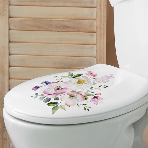 Adesivo per Coperchio del Gabinetto con Fiori ad Acquerello PVC Autoadesivo Decalcomania Floreale da Parete per Bagno