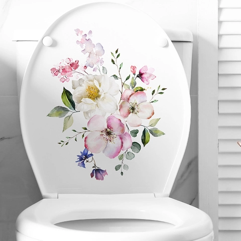 Adesivo per Coperchio del Gabinetto con Fiori ad Acquerello PVC Autoadesivo Decalcomania Floreale da Parete per Bagno