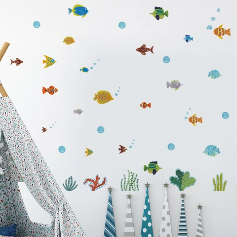 Cartoon Undersea World Wall Sticker Colorful Fish Coral Seaweed Waterproof PVC Home Decal For Kids Room Bathroom Decoration