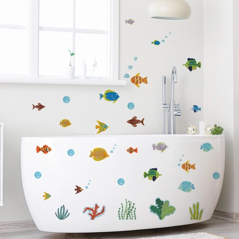 Cartoon Undersea World Wall Sticker Colorful Fish Coral Seaweed Waterproof PVC Home Decal For Kids Room Bathroom Decoration