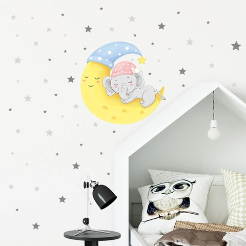 Karikatur Elefant Schläft Auf Mond Wandaufkleber Sterne Kinderzimmer PVC Abnehmbar Wanddeko Für Babyzimmer Schlafzimmer