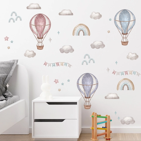 Cartoon Hot Air Balloon Cloud Wall Sticker PVC Watercolor Rainbow Star Decor For Children's Room Kindergarten Nursery