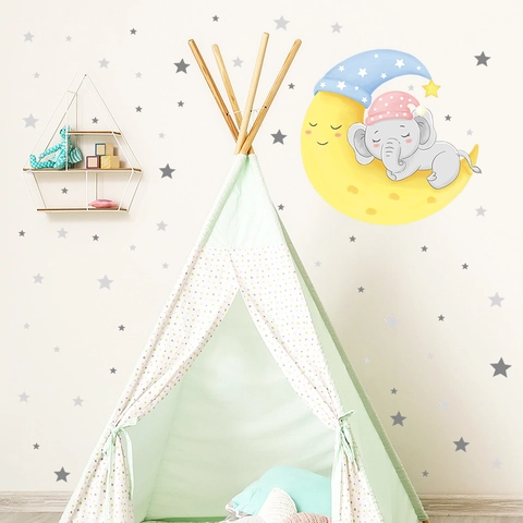Karikatur Elefant Schläft Auf Mond Wandaufkleber Sterne Kinderzimmer PVC Abnehmbar Wanddeko Für Babyzimmer Schlafzimmer