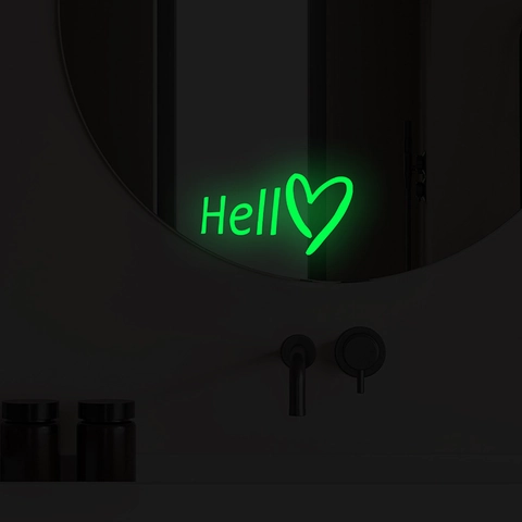 Adesivo da Parete Luminoso Hello Heart in PVC Bagliore al Buio Decalcomania per Specchio Soggiorno Camera da Letto Decorazione DIY