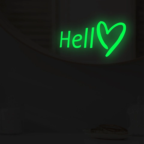 Adesivo da Parete Luminoso Hello Heart in PVC Bagliore al Buio Decalcomania per Specchio Soggiorno Camera da Letto Decorazione DIY