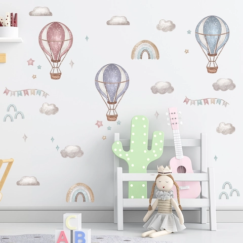 Cartoon Hot Air Balloon Cloud Wall Sticker PVC Watercolor Rainbow Star Decor For Children's Room Kindergarten Nursery