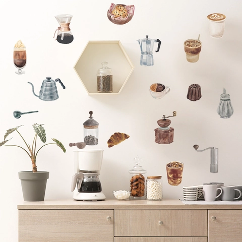 Pegatinas de Pared de PVC con Tema de Café de Estilo Nórdico Para Decoración de Cocina Cafetería Acuarela Taza de Café Grano Pan Calcomanías de Pared Decoración