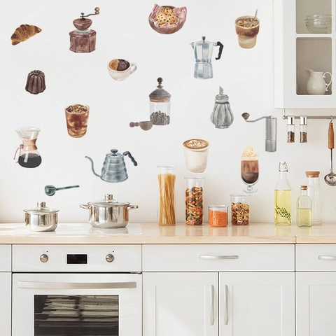 Pegatinas de Pared de PVC con Tema de Café de Estilo Nórdico Para Decoración de Cocina Cafetería Acuarela Taza de Café Grano Pan Calcomanías de Pared Decoración