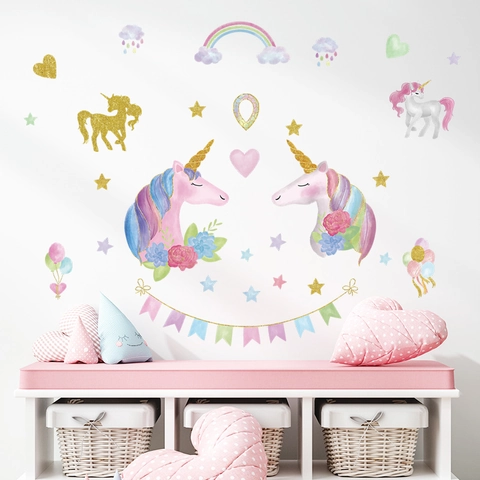 Adesivo da Parete Unicorno Arcobaleno Stella Palloncino Acquerello PVC Autoadesivo per Cameretta Bambini Asilo Decorazione Casa