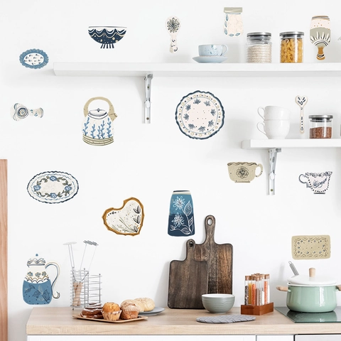 Nordischer Stil Handgemaltes Küchengeschirr Wandaufkleber PVC Teekanne Tasse Teller Wandtattoos Für Esszimmer Wanddekoration