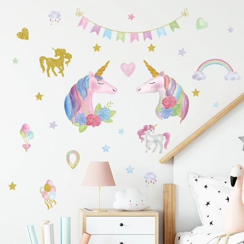Adesivo da Parete Unicorno Arcobaleno Stella Palloncino Acquerello PVC Autoadesivo per Cameretta Bambini Asilo Decorazione Casa
