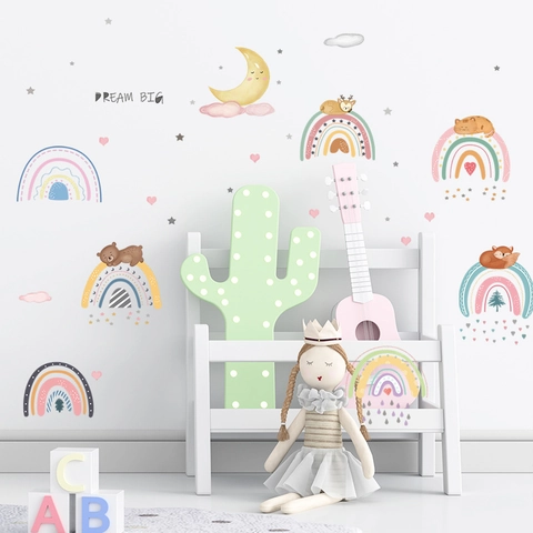 Dream Big Cartoon Tier Regenbogen Wandaufkleber Für Kinderzimmer Kindergarten Dekoration PVC Selbstklebende Wandtattoos