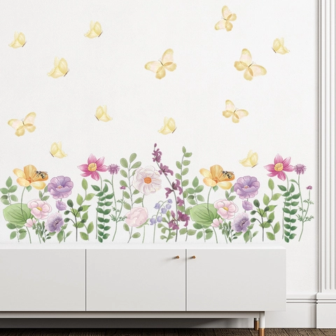 Pegatinas de Pared de Flores Mariposas y Abejas en Acuarela PVC Autoadhesivas Removibles para Sala de Estar Dormitorio Casa